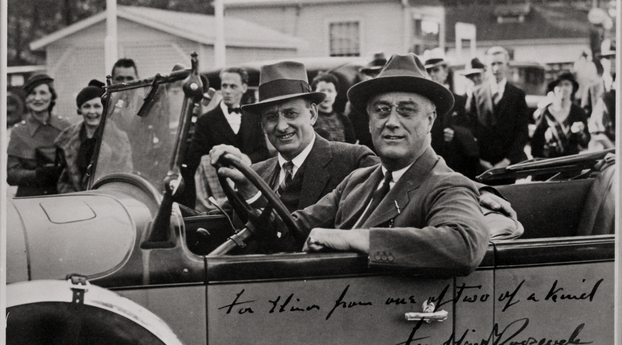 archive photograph of Franklin D Roosevelt and Henry Morgenthau Jr in a car together